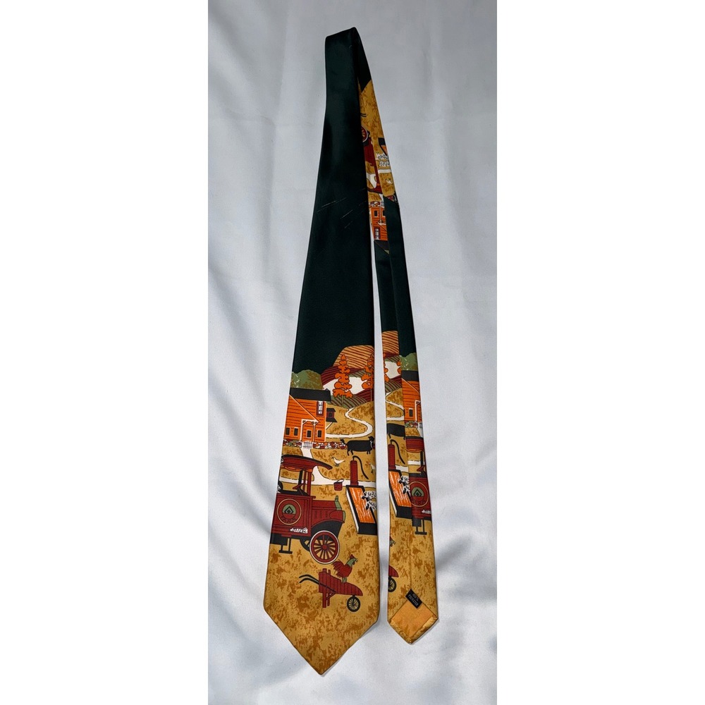 Vintage Farm Scene Novelty Tie Yellow Orange Red Barn Tractor Americana Folk Art